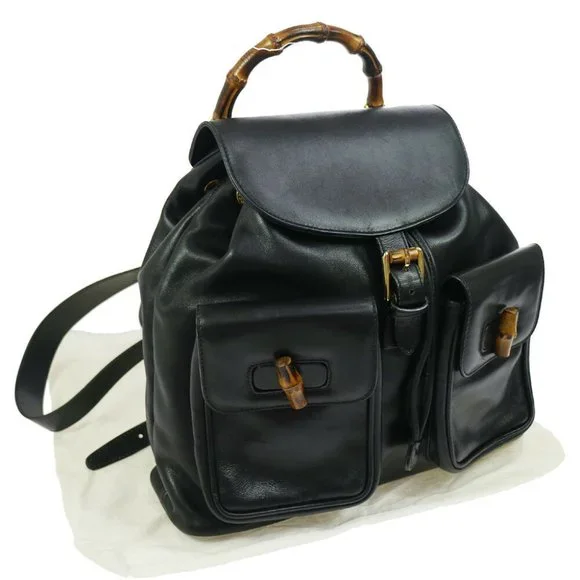 GUCCI Bamboo Line Backpack Black Leather Vintage G Gucci Bamboo Leather Backpack main image 2
